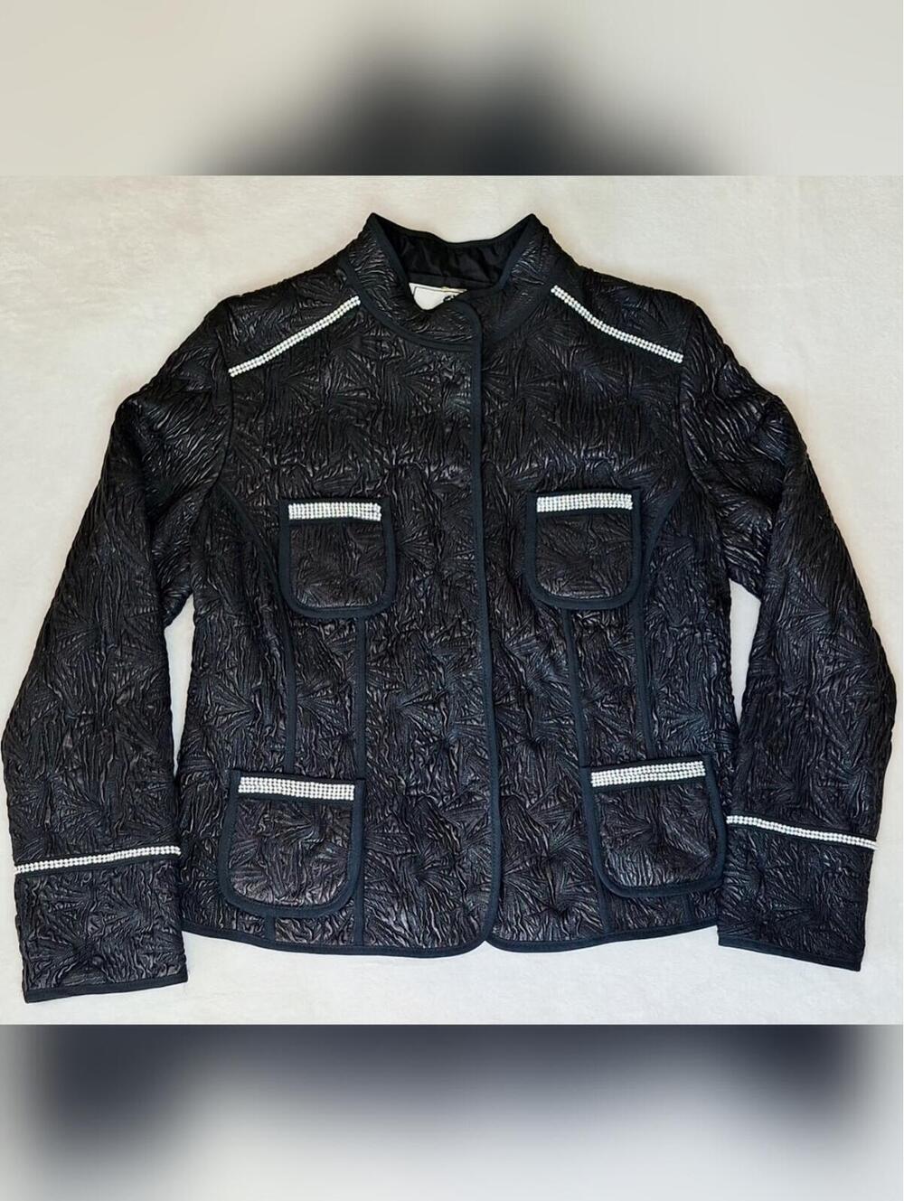 DAVID 2 Florence Italy Black Leather Jacket Rhinestone Trim Plissé Sz 50/L NWOT